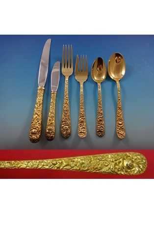 Repousse by Kirk Sterling Silver Flatware Set For 4 Service 25 Pieces Vermeil